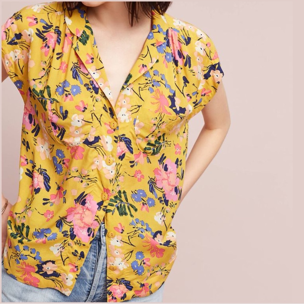 Anthropologie Yellow Relaxed Fit Floral Casual Spring Button Down Shirt size XS